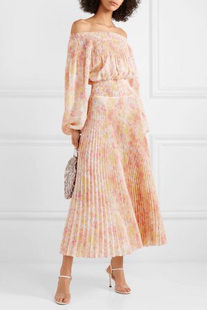 Prada | Off-the-shoulder shirred floral-print plissé-satin maxi dress | NET-A-PORTER.COM