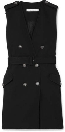Belted Double-breasted Grain De Poudre Wool Mini Dress - Black