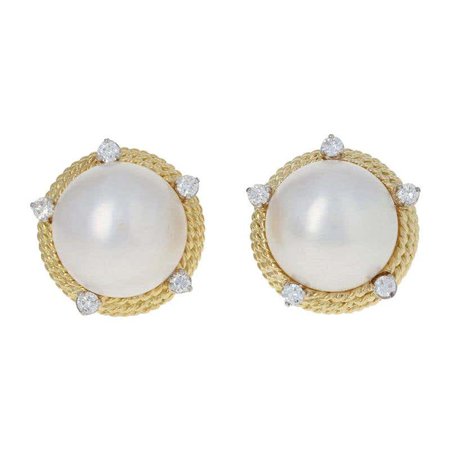 Yellow Gold Mabe Pearl & Diamond Earrings 14 Karat 18k Round Brilliant .80 Carat