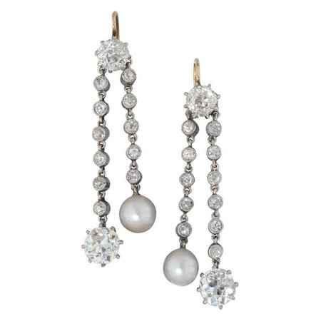 Pair of Edwardian Natural Pearl and Diamond Drop Earrings For Sale at 1stDibs