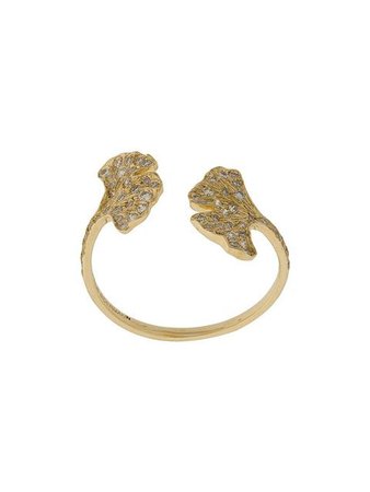 Aurelie Bidermann 18kt yellow gold diamond Ginkgo leaf open ring