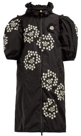 4 Moncler Floral Applique Puff Sleeve Parka - Womens - Black