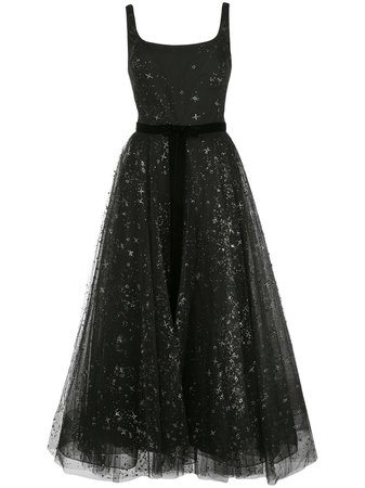 Black & gold Marchesa Notte star glitter tulle tea length dress - Farfetch