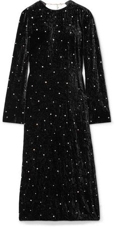 Open-back Crystal-embellished Crushed-velvet Midi Dress - Black
