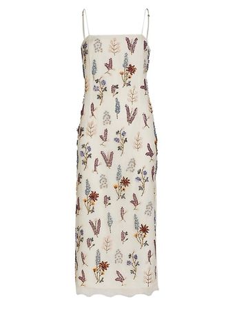 Shop Adam Lippes Cami Beaded Floral-Embroidered Midi-Dress | Saks Fifth Avenue