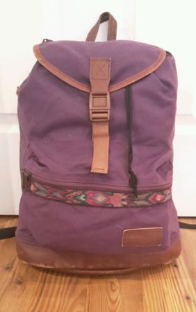 LL BEAN vintage 1980s backpack leather bottom, purple w colorful strip of fabic