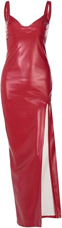Women 's Wet Look Suspender Dress Clubwear Backless Irregular Split Tight Bodycon Dress (Red, L) at Amazon Women’s Clothing store