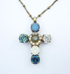 Navy Blue cross Necklace European crystal Blue Tones Denim White Grey opal European Blue Religious pendant Vintage cross