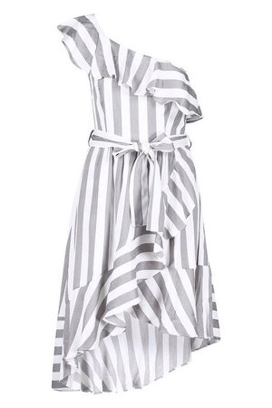 Textured Stripe Ruffle Hem Midi Dress | Boohoo