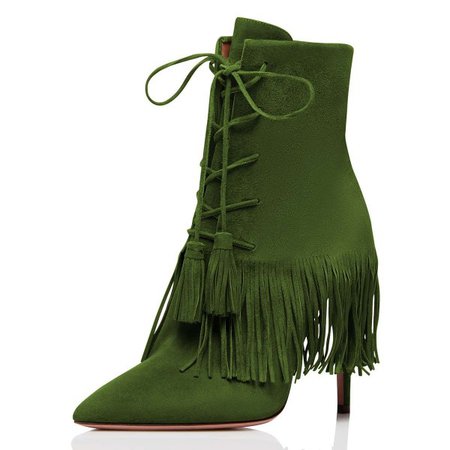 Green Suede Lace Up Fringe Boots Stiletto Heel Ankle Boots for Party, Dancing club, Music festival, Ball, Date, Anniversary, Engagement, Going out, Hanging out | FSJ