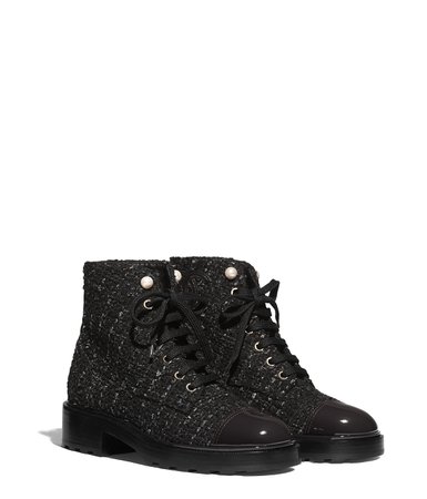 Ankle Boots, tweed & patent calfskin, black, blue & gray - CHANEL