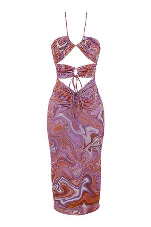 Clothing : Midi Dresses : 'Kasia' Purple Swirl Cutout Midi Dress