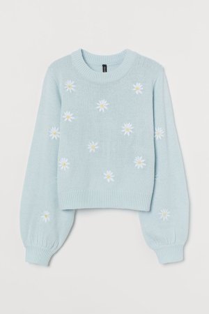 Embroidery-detail jumper - Light blue/Flowers - Ladies | H&M