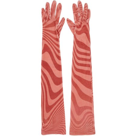 Marine Serre: SSENSE Canada Exclusive Pink Striped Jersey Long Gloves | SSENSE