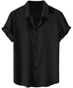 Solid Color Short Sleeves Button Up Party Satin Shirt - Black M