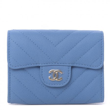CHANEL Caviar Flat Chevron Quilted Flap Card Holder Blue 626695