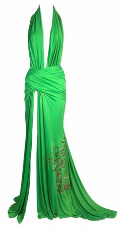 2000 Gianni Versace Runway Plunging Green High Slit Maxi Dress