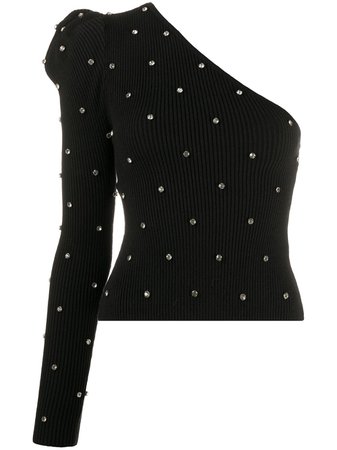 Black Self-Portrait crystal-embellished one-shoulder jumper AW20146B - Farfetch