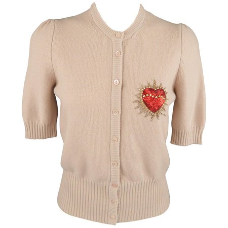 DOLCE and GABBANA Size 4 Pink Virgin Wool Short Sleeve Heart Cardigan For Sale at 1stdibs