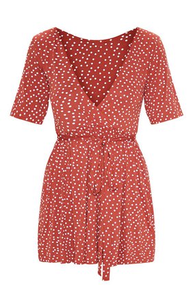 Terracotta Polka Dot Wrap Tea Dress | Dresses | PrettyLittleThing USA