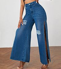 SCOMCHIC Womens Jeans High Waisted Wide Leg Stretchy Ripped Denim Jeans Casual High Rise Butt Lift Jeans Slit Loose Fit Baggy Distressed Pants with Holes Denim Blue XL at Amazon Women's Jeans store