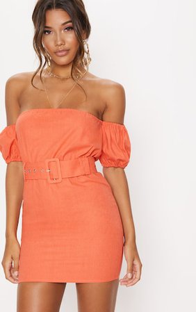 Orange Belt Detail Bardot Shift Dress | PrettyLittleThing