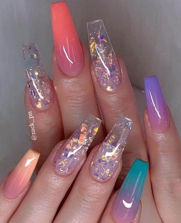 ombré rainbow and transparent floral nails