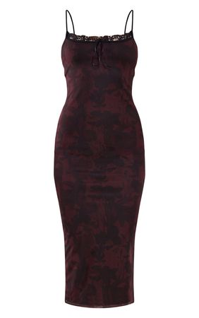 Burgundy Floral Print Mesh Strappy Midaxi Dress | PrettyLittleThing USA