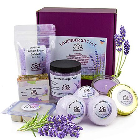 Amazon.com : Gift Sets For Women - Organic Spa Bath Basket with Soy Wax Candle, Lavender Natural Oil Bath Salt, 3 Bath Bombs, Handmade Soap, Body Sugar Scrub- spa gift set for Mom Girls Her Mother Grandma Daughter : Beauty