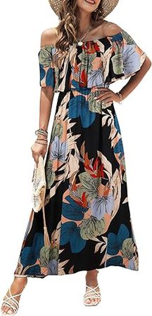 Bluetime Womens Maxi Dress Off Shoulder Floral Print Boho Beach Long Summer Dresses at Amazon Women’s Clothing store