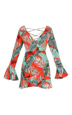 CORAL TROPICAL PRINT LACE UP BACK FRILL HEM BODYCON DRESS