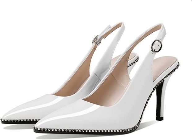 Amazon.com | Zamikoo Women Slingbacks High Heel Pumps Pointed Toe Slip On 3.5 Inch Stilettos Adajustable Buckle Ankle Strap Elegant Pumps Shoes for Event Casual Evening White Patent Leather US Size 10.5 | Shoes