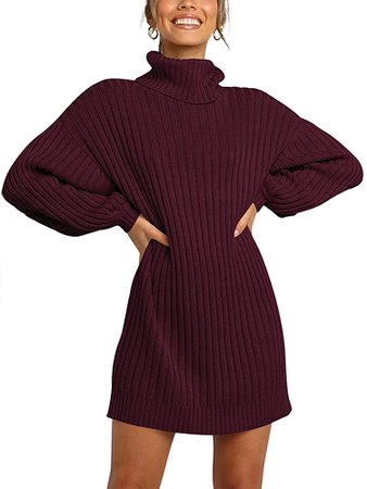 ANRABESS Women Turtleneck Long Sleeve Casual Loose Oversized Soft Winter Pullover Sweater Mini Dresses 240jiuhong-S Wine at Amazon Women’s Clothing store