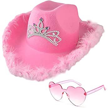 Pink Cowboy Hat with Heart Shaped Sunglasses Blinking Crown Tiara Cowgirl Princess Hat (Feather) : Amazon.ca: Clothing, Shoes & Accessories