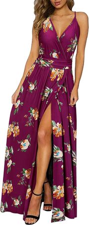 Newshows Women's Summer V Neck Spaghetti Strap Sleeveless Casual Split Long Maxi Dress for Wedding Guests(Floral 11, X-Large) at Amazon Women’s Clothing store