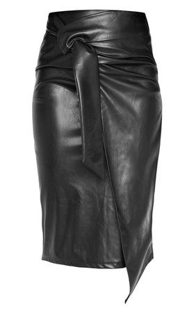 Black Faux Leather Drape Front Midi Skirt | PrettyLittleThing USA