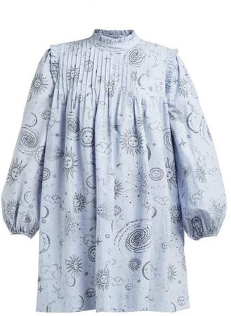 Over The Moon Print Poplin Mini Dress - Womens - Blue