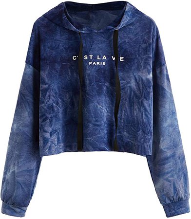 SweatyRocks Women's Tie Dye Long Sleeve Workout Crop Top Sweatshirt Hoodies Dark Blue L at Amazon Women’s Clothing store