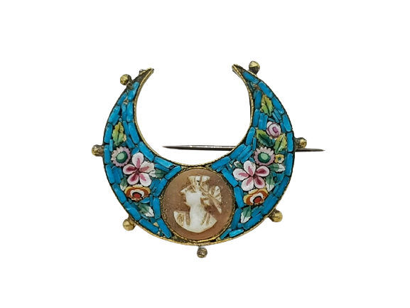 Antique micromosaic brooch with cameo, crescent moon shaped brooch, micromosaic & shell cameo brooch, Italian or French vintage brooch
