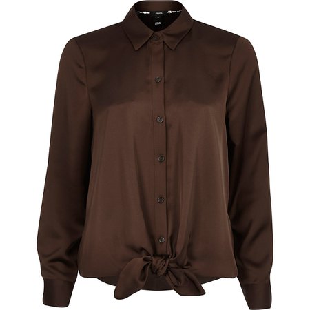 Dark brown tie front button-up shirt | River Island