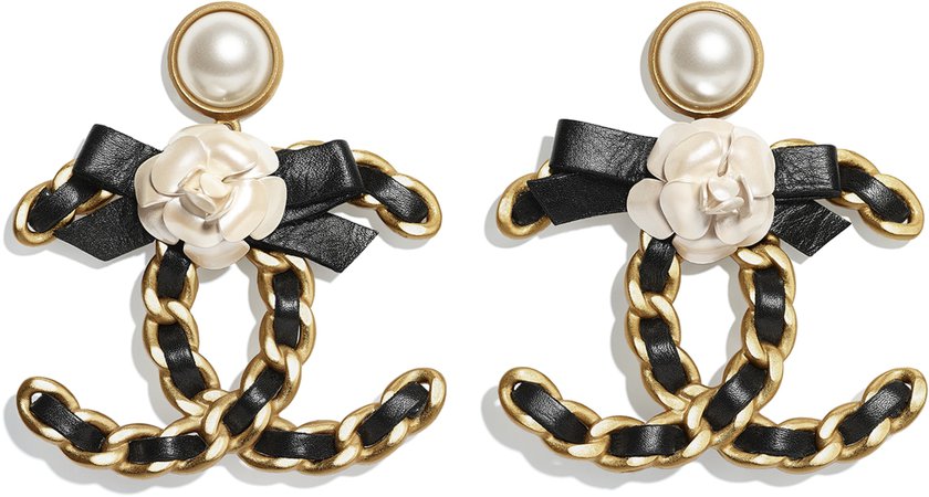 Earrings, metal, crystal pearls and calfskin, gold, mother of pearl white and black - CHANEL