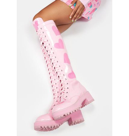 Sugar Thrillz Glitter Hearts Knee High Combat Boots - Pink | Dolls Kill