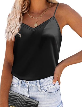 Ekouaer Women's Silk Tank Top V Neck Camisole Silky Loose Sleeveless Basic Blouse Ladies Satin Tank Shirt Black Small at Amazon Women’s Clothing store