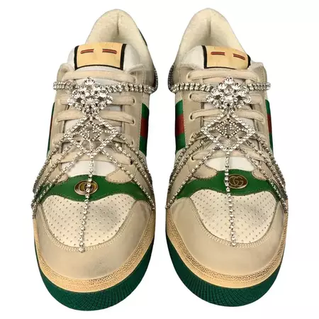 GUCCI Size 15 Off White Green Distressed Leather Crystal Screener Sneakers For Sale at 1stDibs