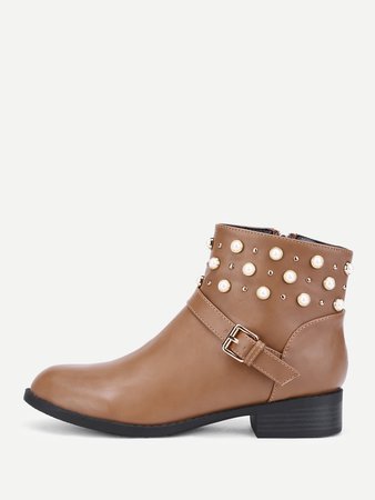 Faux Pearl Detail PU Ankle Boots