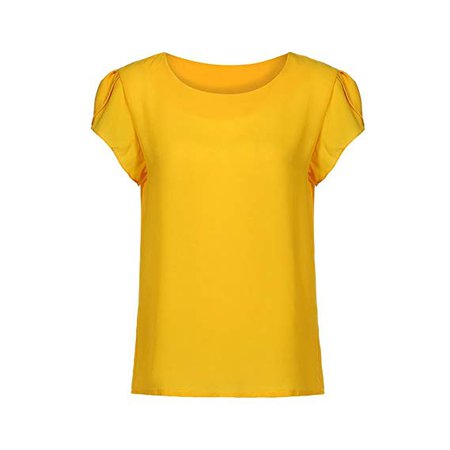 MODOQO Women Summer Short Sleeve Blouse O Neck Chiffon Solid Tops Clothes T Shirt Yellow at Amazon Women’s Clothing store: