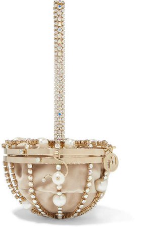 Afrodite Faux Pearl And Crystal-embellished Gold-tone And Velvet Tote