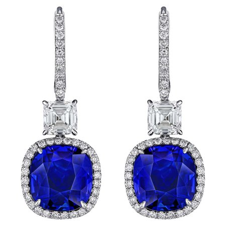 11.94 Carat Blue Cushion Sapphire and Asscher Cut Diamond Platinum Earrings For Sale at 1stDibs