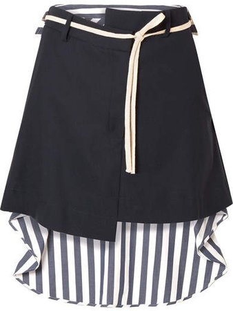 Wool-blend Drill And Striped Voile Mini Skirt - Navy