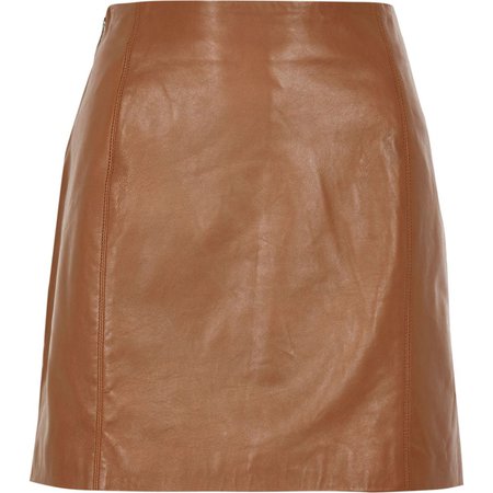 Brown leather zip mini skirt
